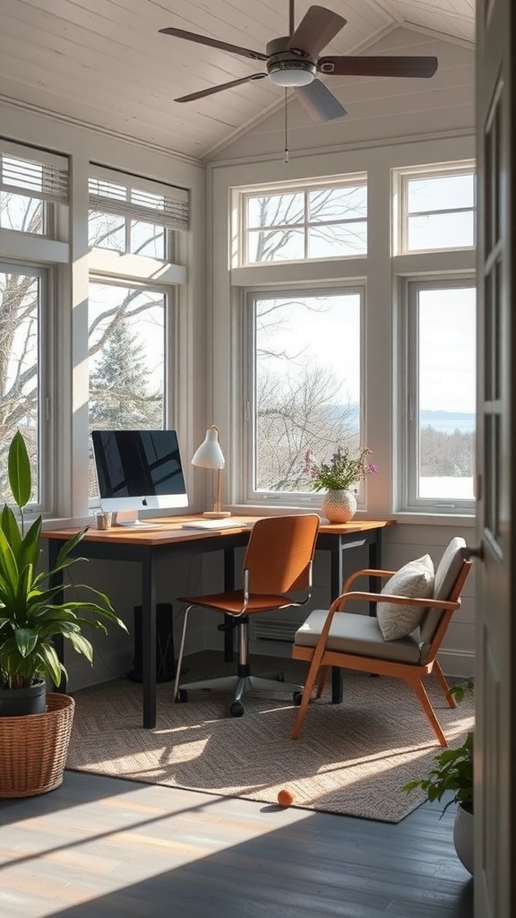 A bright home office setup in a small enclosed porch with large windows, a desk, a computer, and plants.