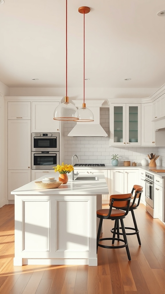 A functional kitchen island with seating in a cozy white kitchen, featuring modern bar stools and a beautiful countertop.