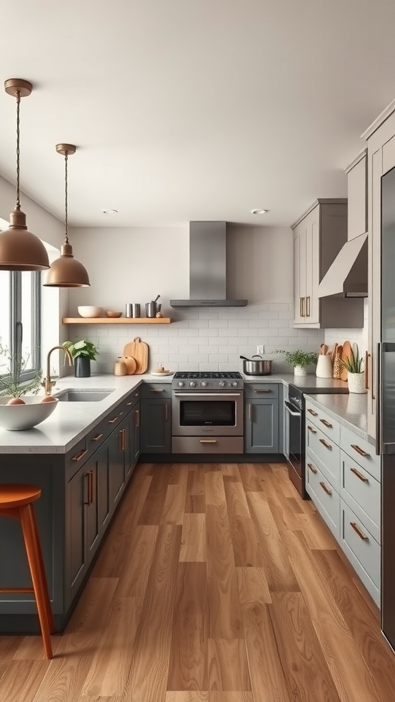 A modern kitchen with a functional island, featuring gray cabinets, wooden flooring, and pendant lights.