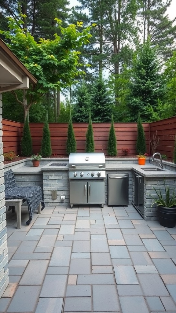 An outdoor kitchen with a grill, refrigerator, and prep area surrounded by greenery.