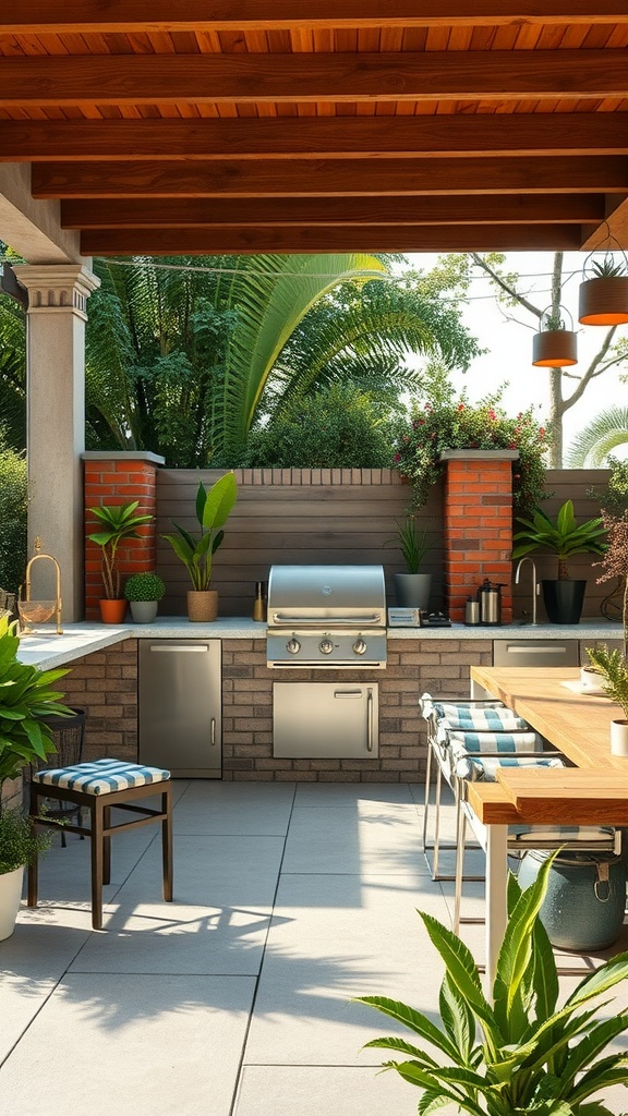 A modern outdoor kitchen with a grill, prep space, and a dining area surrounded by greenery