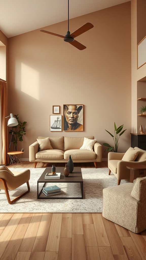 Cozy brown living room with neutral furniture, plants, and wall art