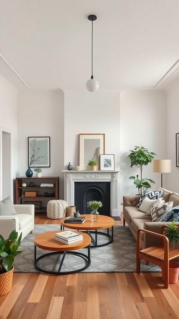 A cozy English living room with two sofas, circular coffee tables, plants, and a fireplace.