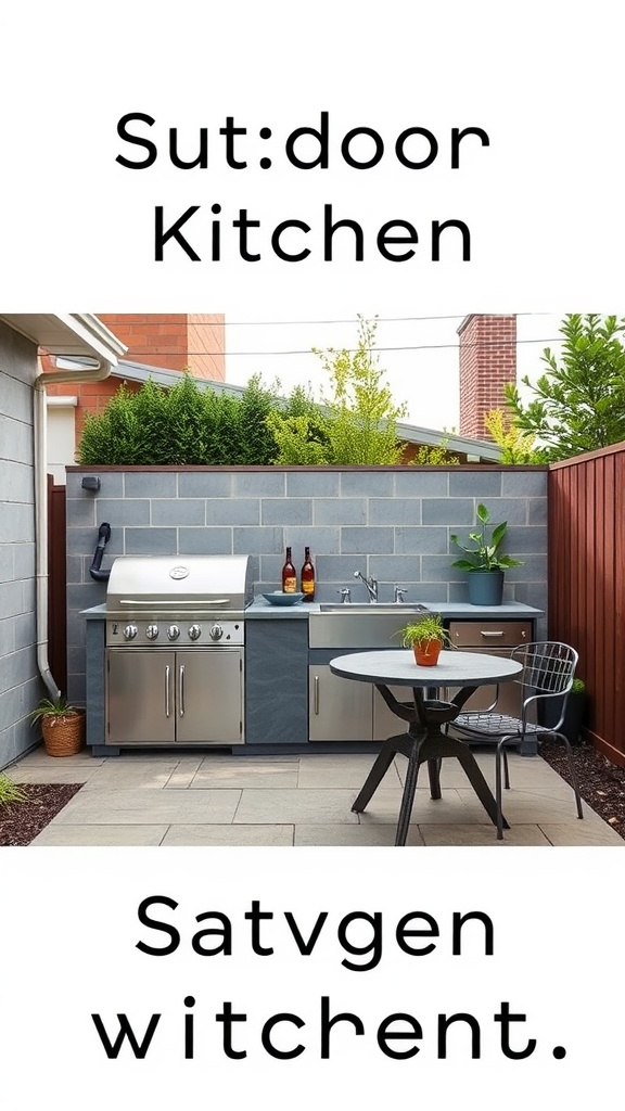 A compact outdoor kitchen setup with a stainless steel grill, counter space, and a small dining table.