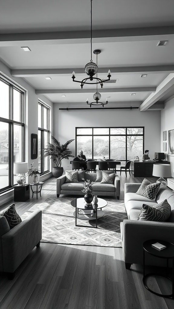 A black and white living room layout with two sofas, a round coffee table, and large windows.