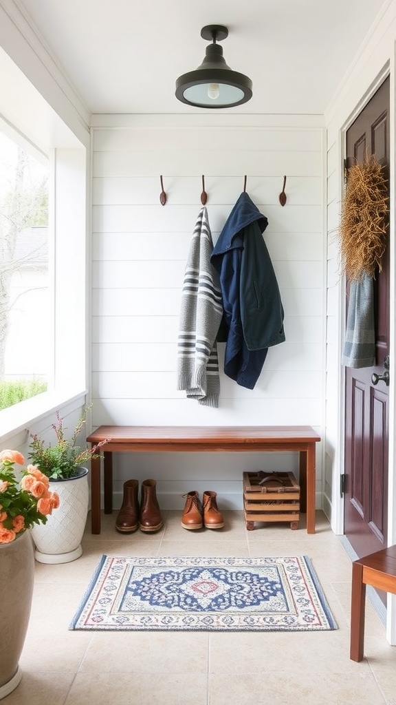 A cozy mudroom entryway featuring a bench, coat hooks, a rug, and potted plants.
