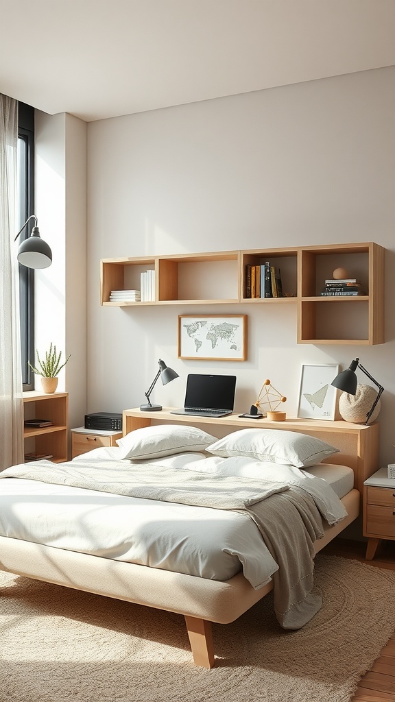 A modern bedroom with a beige bedframe, wooden shelves, and a workspace, creating a functional and stylish design.