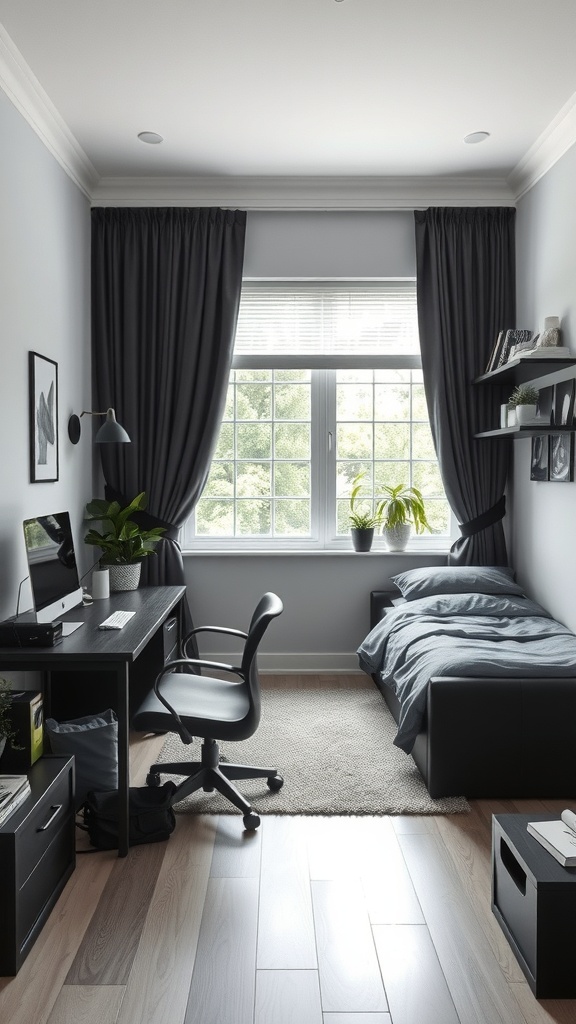 A modern bedroom with black furniture, featuring a workspace and a bed, illuminated by natural light from a large window.
