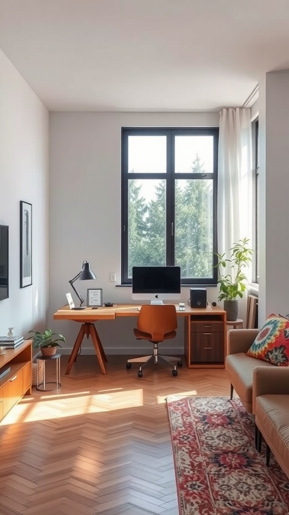 A cozy apartment corner featuring a desk with a computer, a comfortable sofa, and a potted plant, illuminated by natural light from large windows.