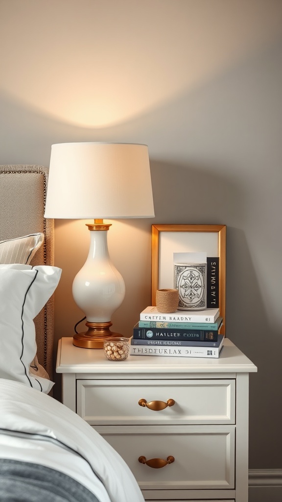 A stylish white nightstand with a lamp, books, and a decorative frame.
