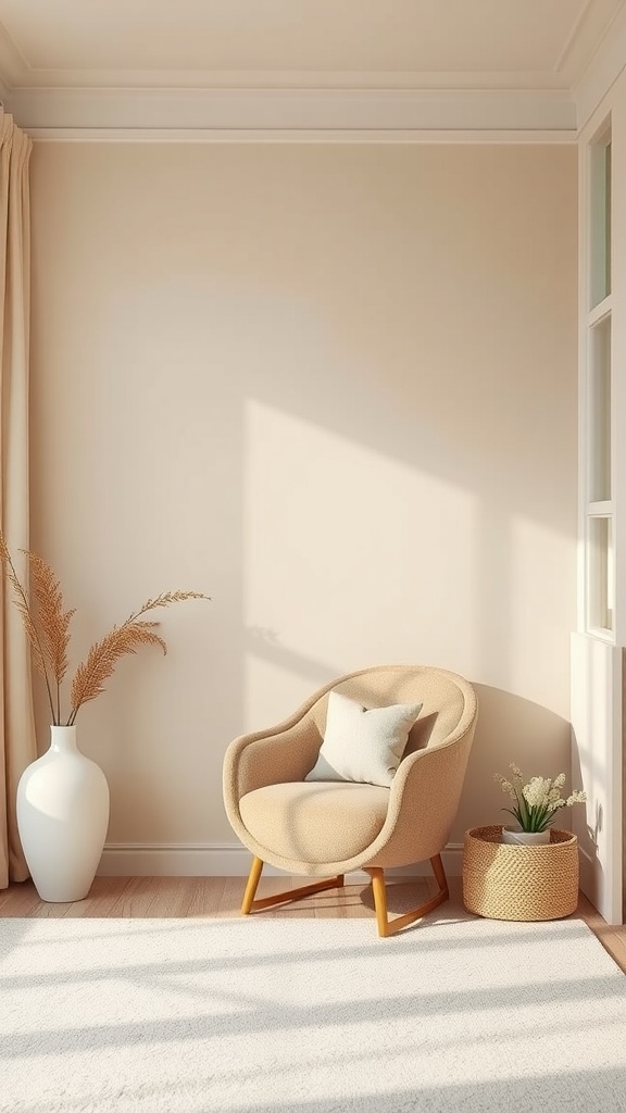 A cozy corner of a beige aesthetic bedroom featuring a soft chair, a white vase, and plants.
