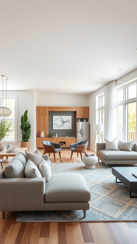 Modern open concept living room featuring a cozy sectional, accent chairs, and natural light.