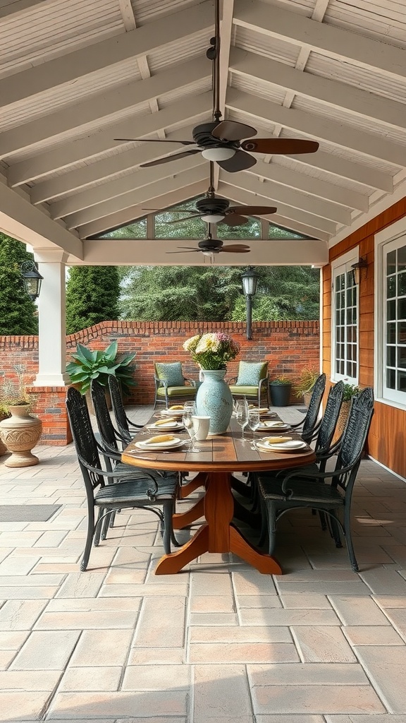 A covered patio with a round wooden dining table, stylish chairs, and ceiling fans, set for a meal.