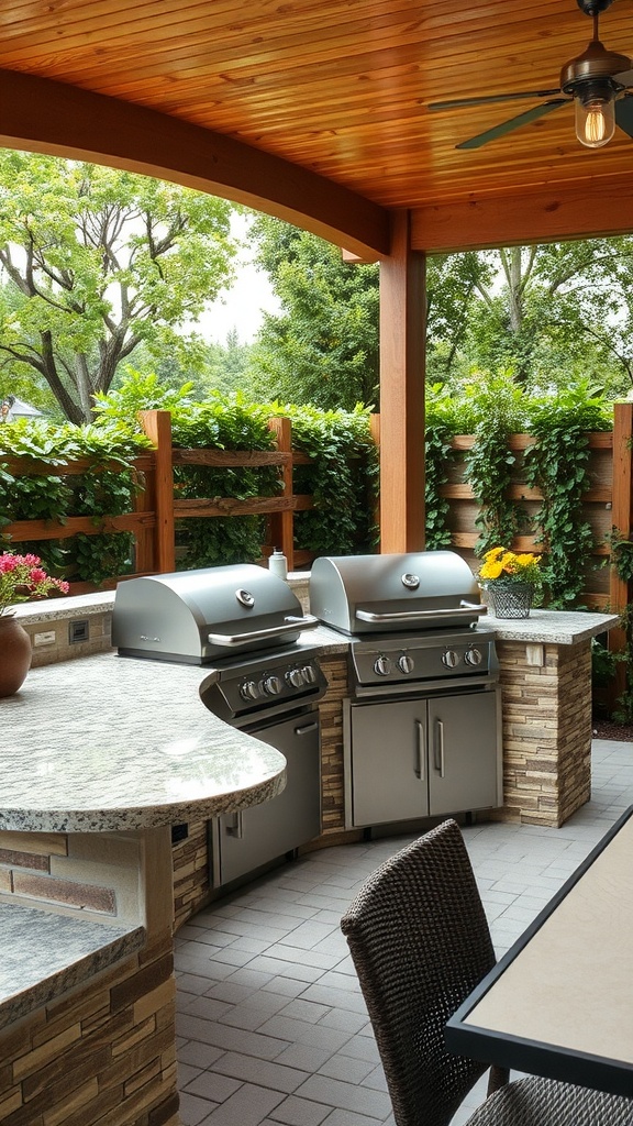 A well-designed outdoor grilling station featuring two grills, a granite countertop, and a cozy wooden ceiling surrounded by greenery.