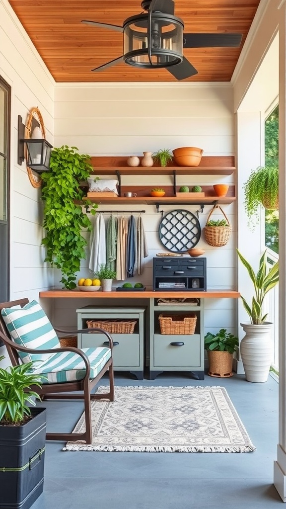 A stylish back porch with functional storage solutions including shelves and a workbench.