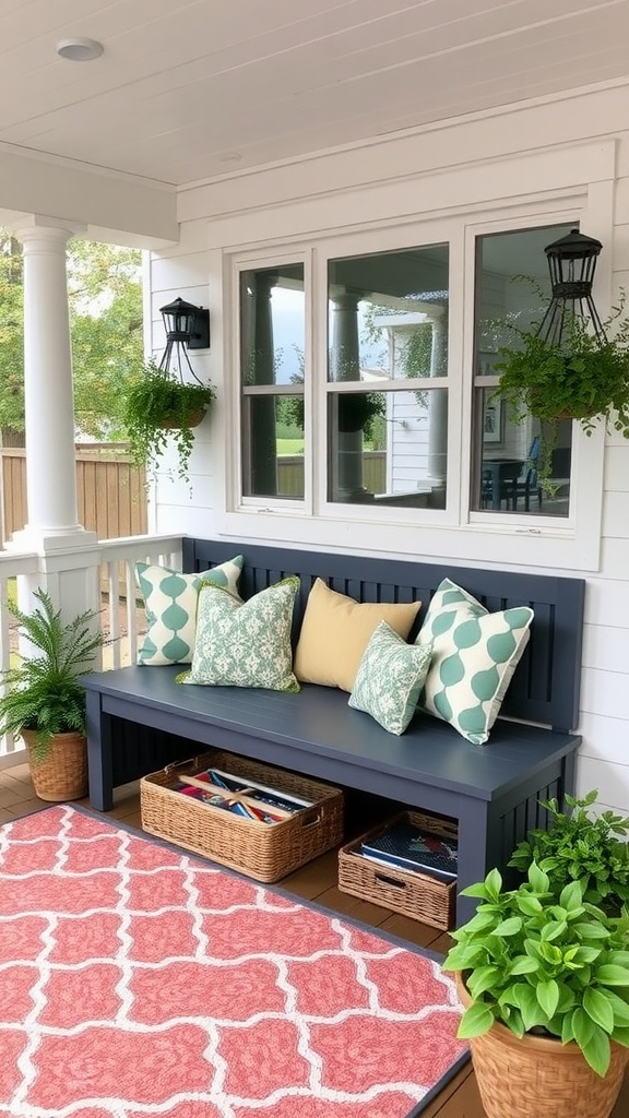 Cozy back porch with seating, storage baskets, and decorative elements