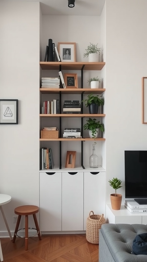 A stylish shelving unit in a small apartment, featuring wooden shelves, books, plants, and a storage cabinet.