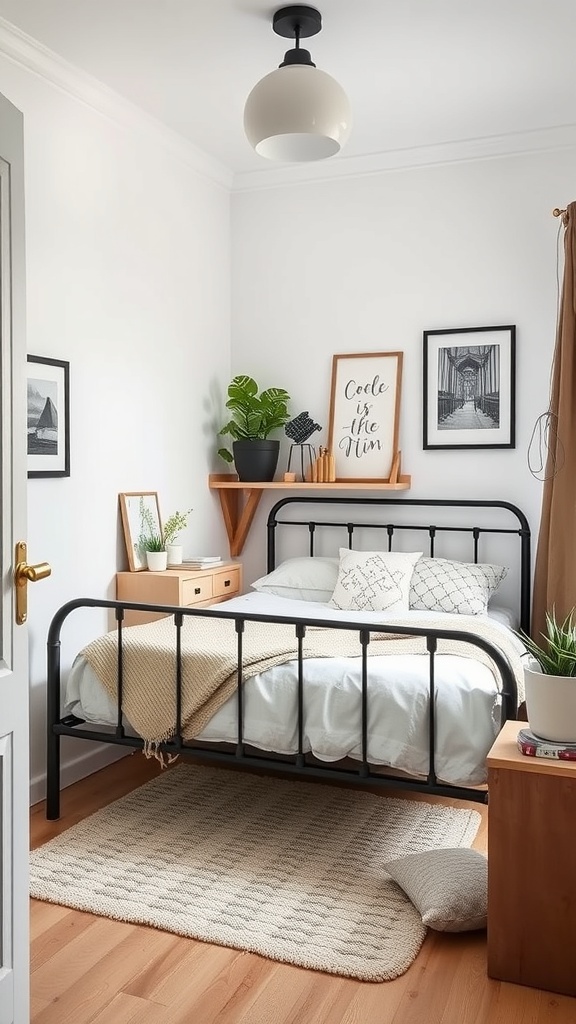 A cozy small bedroom featuring a black iron bed frame, light bedding, wooden furniture, and decorative wall art.