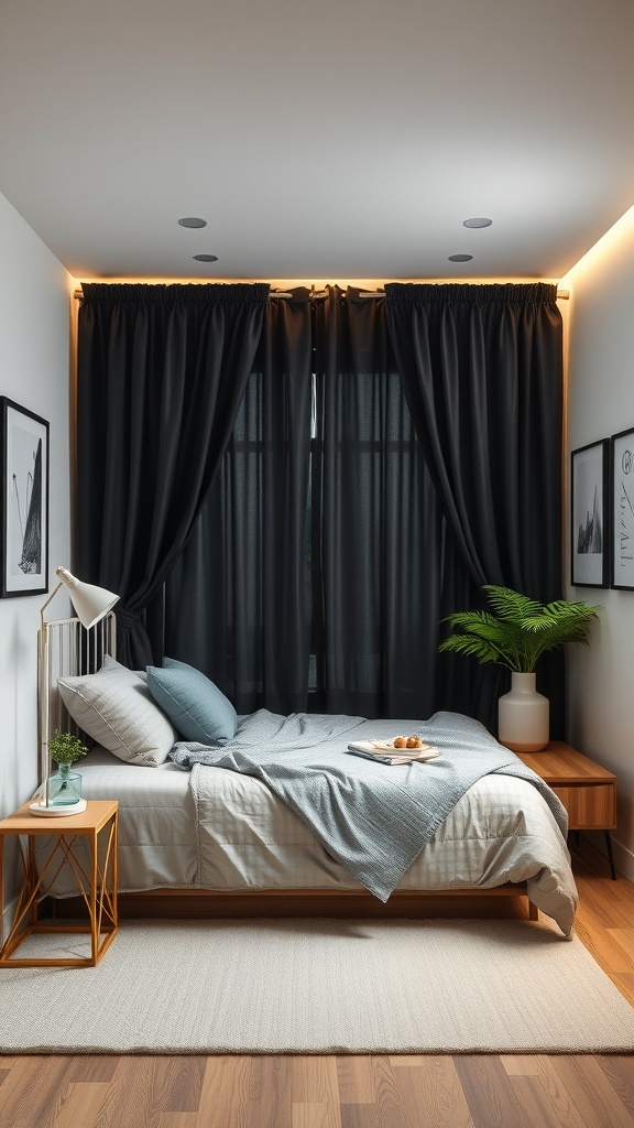 A cozy bedroom with black out curtains, a neatly made bed, and a small bedside table.