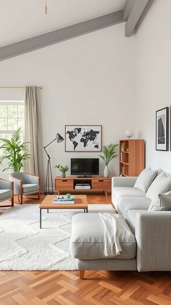A stylish apartment living room with functional furniture and smart storage solutions.