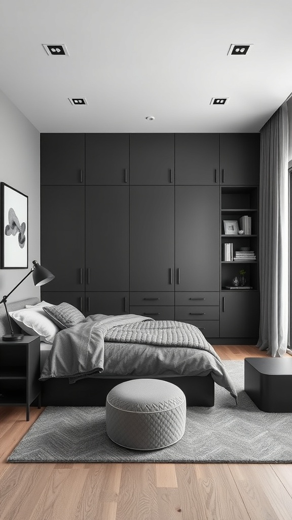 A modern gray and black bedroom featuring sleek cabinetry, a cozy bed with gray linens, and a round pouf on a textured rug.