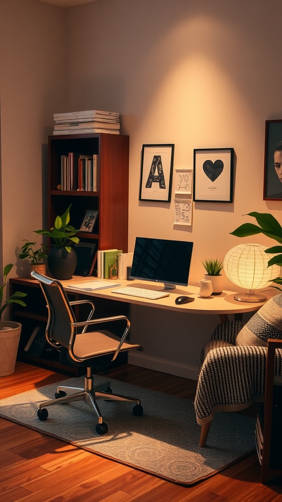 A cozy home office space featuring a desk, computer, bookshelf, plants, and warm lighting.
