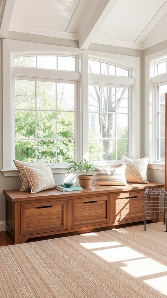 A cozy sunroom featuring a wooden storage bench with cushions and plants