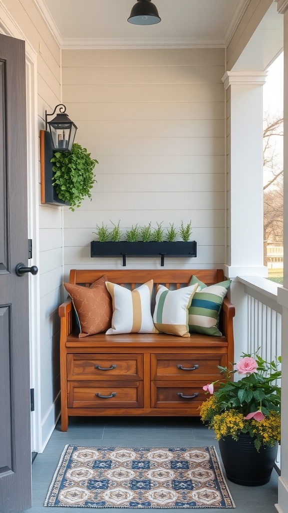 A small porch featuring a wooden storage bench with colorful pillows, potted plants, and decorative elements.