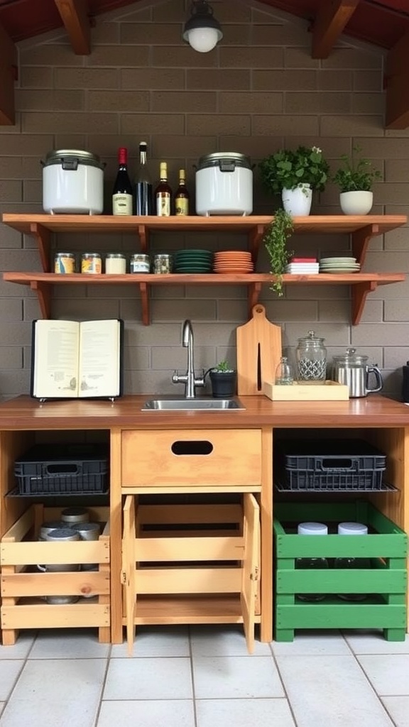 A rustic outdoor kitchen with functional storage, featuring open shelves and colorful crates.