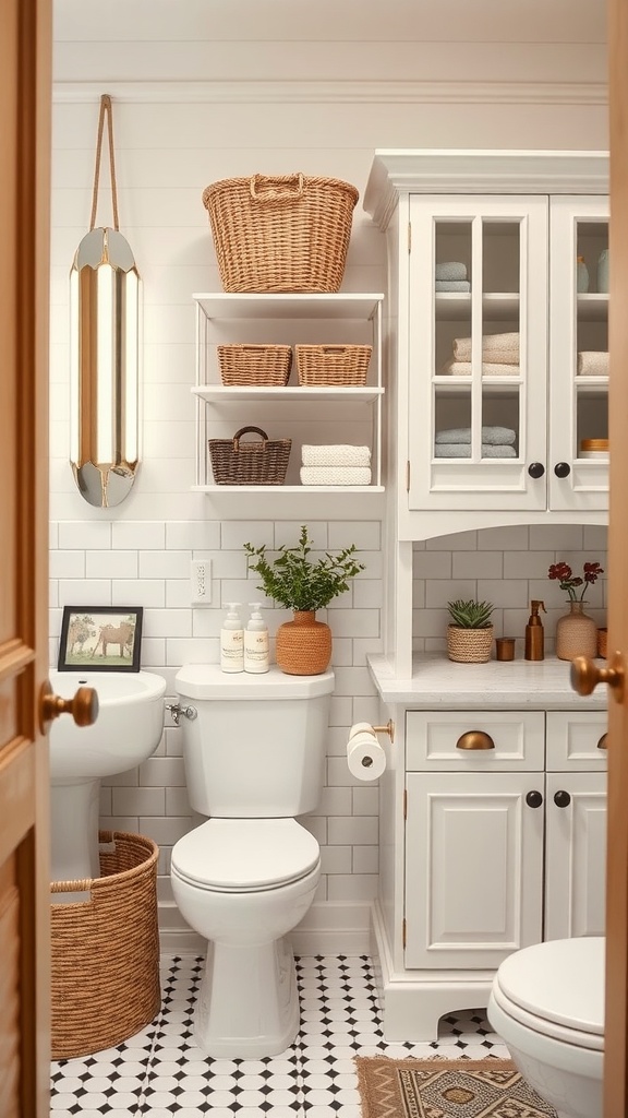 Aesthetic bathroom with functional storage solutions, featuring shelves with baskets and towels.