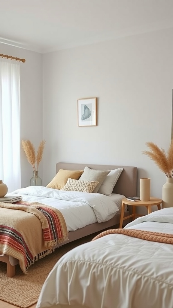 A minimal boho bedroom featuring cozy beds, natural decor, and functional storage solutions.