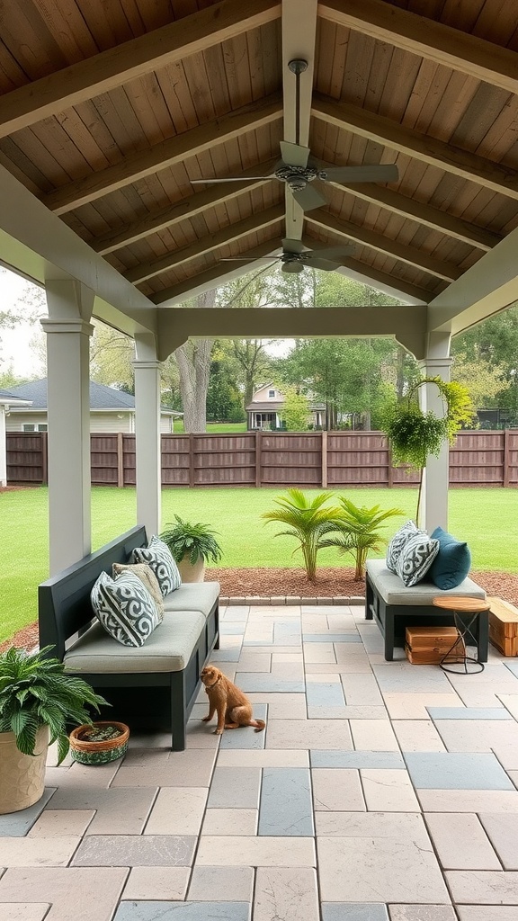 A covered patio with seating, plants, and storage solutions.