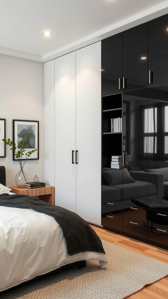 A modern black, white, and grey bedroom featuring a sleek wardrobe and wooden nightstand.