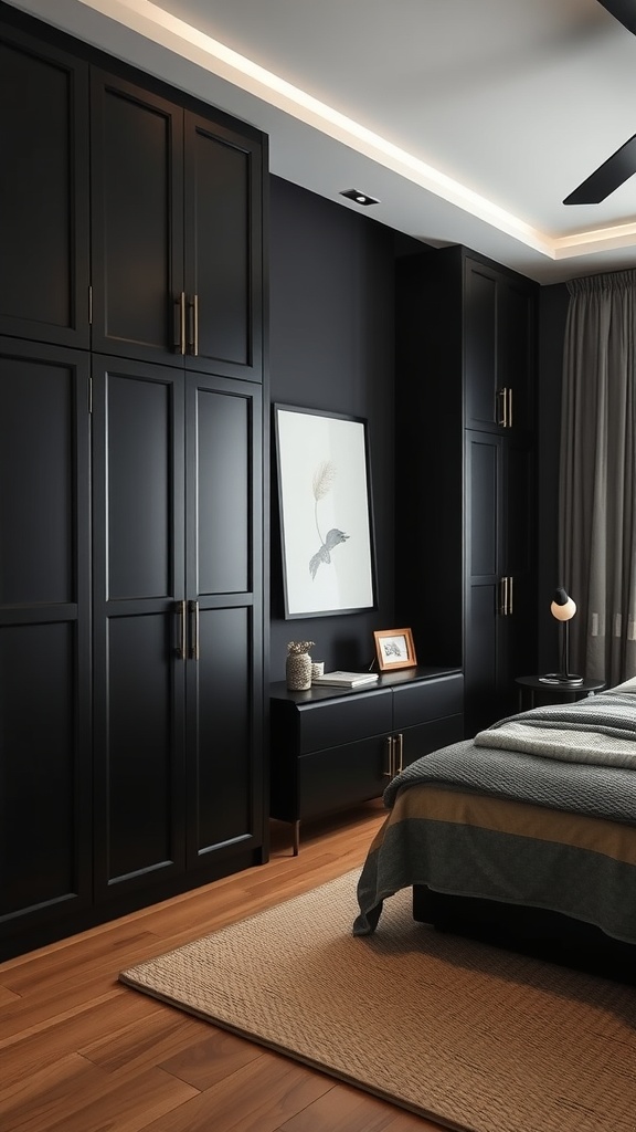 A modern black bedroom featuring stylish storage solutions with dark cabinetry and a low-profile nightstand.