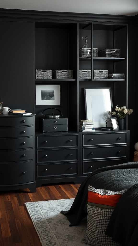 A stylish black bedroom furniture setup featuring a dresser and shelving unit with storage baskets.