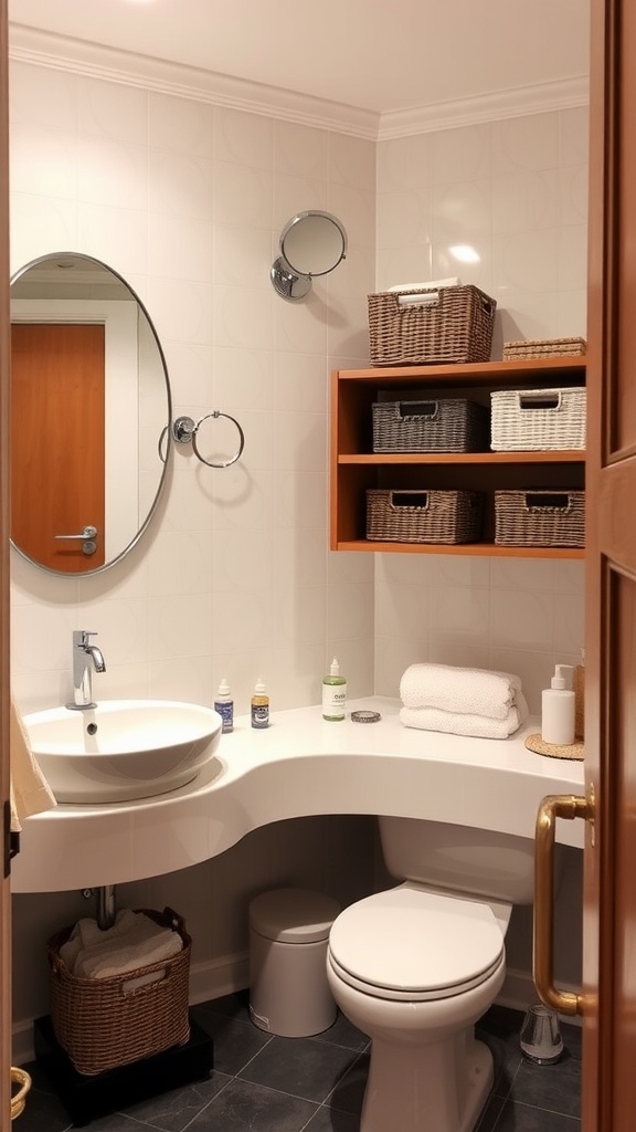Stylish hotel bathroom with functional storage solutions, including woven baskets and a sleek sink.