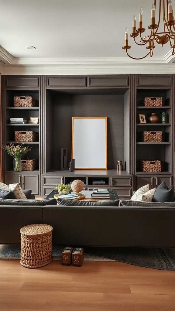 A clean and stylish living room with dark cabinetry, woven baskets, and a large mirror.