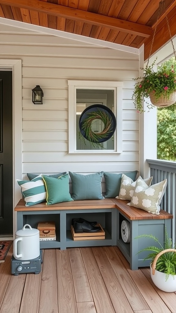 A cozy back porch with a built-in storage bench, colorful pillows, and potted plants.