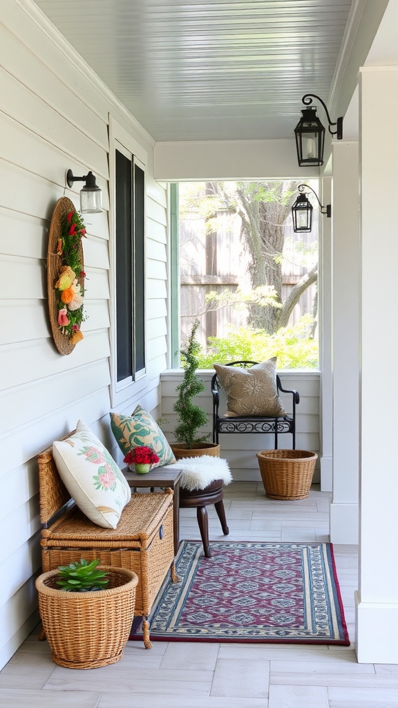 Small porch with a storage bench, decorative items, and cozy seating