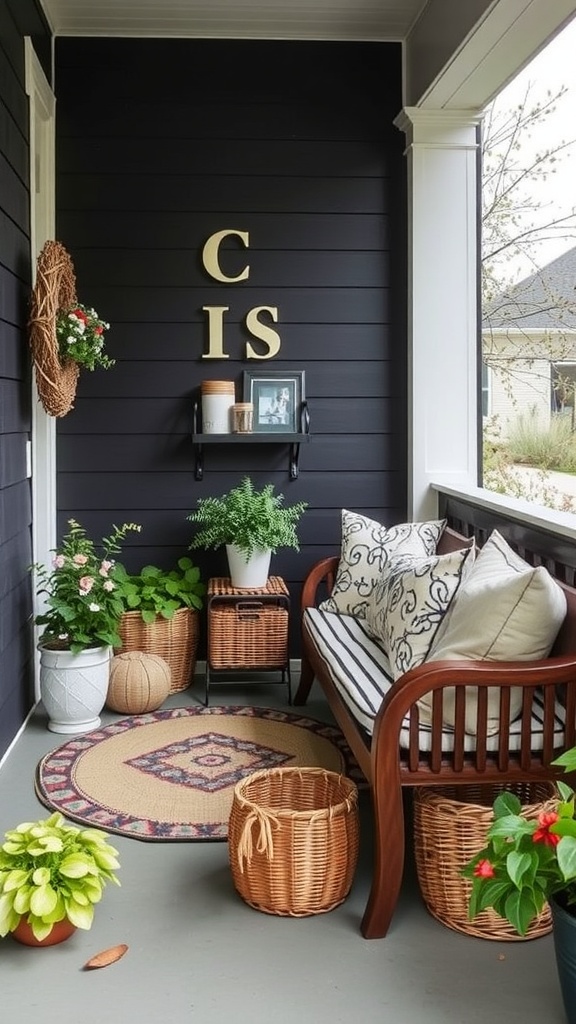 A stylish front porch featuring a wooden bench, decorative pillows, woven baskets, and plants.