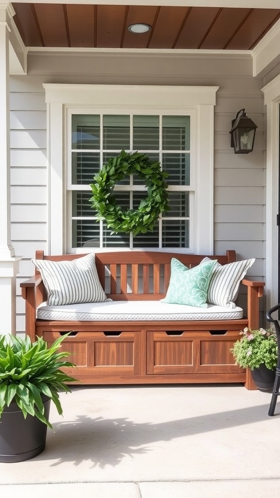 A functional wooden storage bench on a porch with decorative cushions and green plants