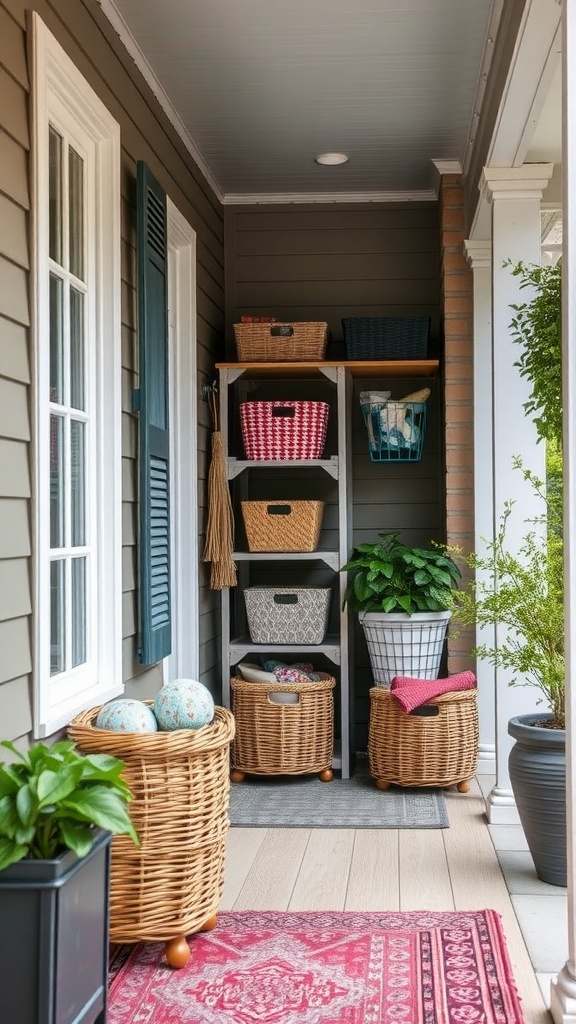 A small porch with a wooden shelving unit, various decorative baskets, a rug, and plants.