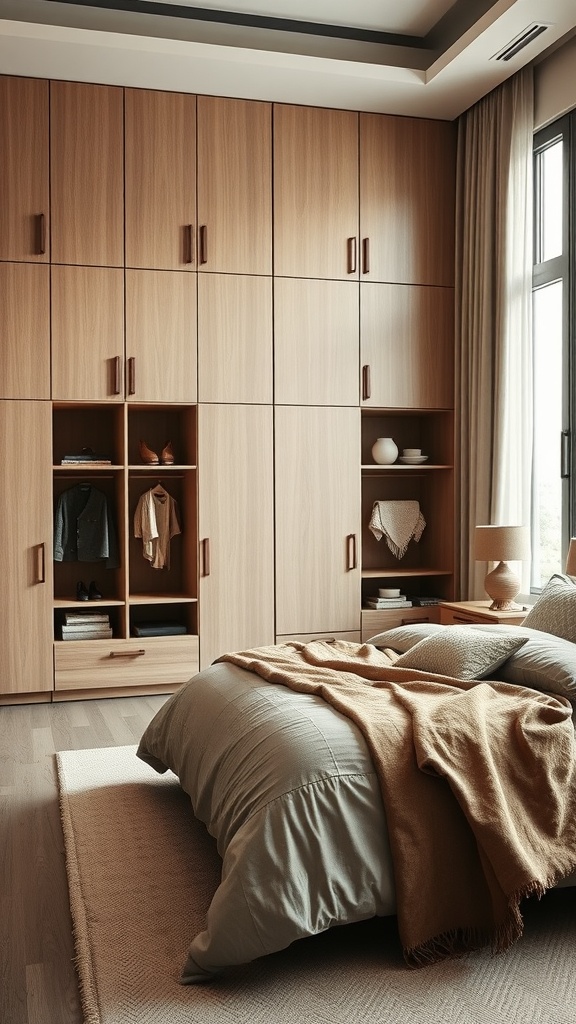 A beige and brown bedroom featuring a large wooden wardrobe, neatly arranged bedding, and decorative items on open shelves.