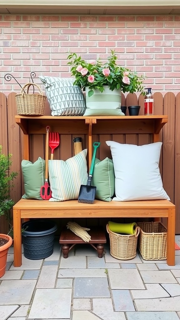 Wooden shelf with colorful cushions, potted plants, and gardening tools on a patio