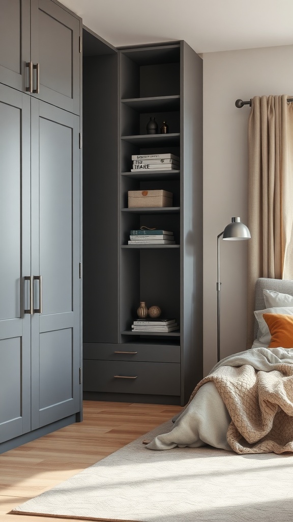 A well-organized bedroom featuring grey cabinetry and open shelving, showcasing neutral tones and a cozy atmosphere.