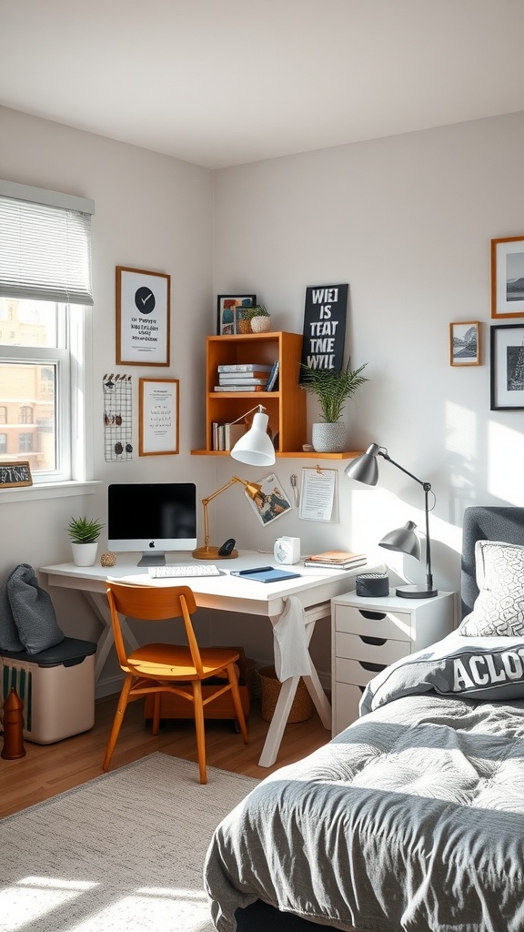A bright and organized teen study area featuring a desk, computer, and decorative items.
