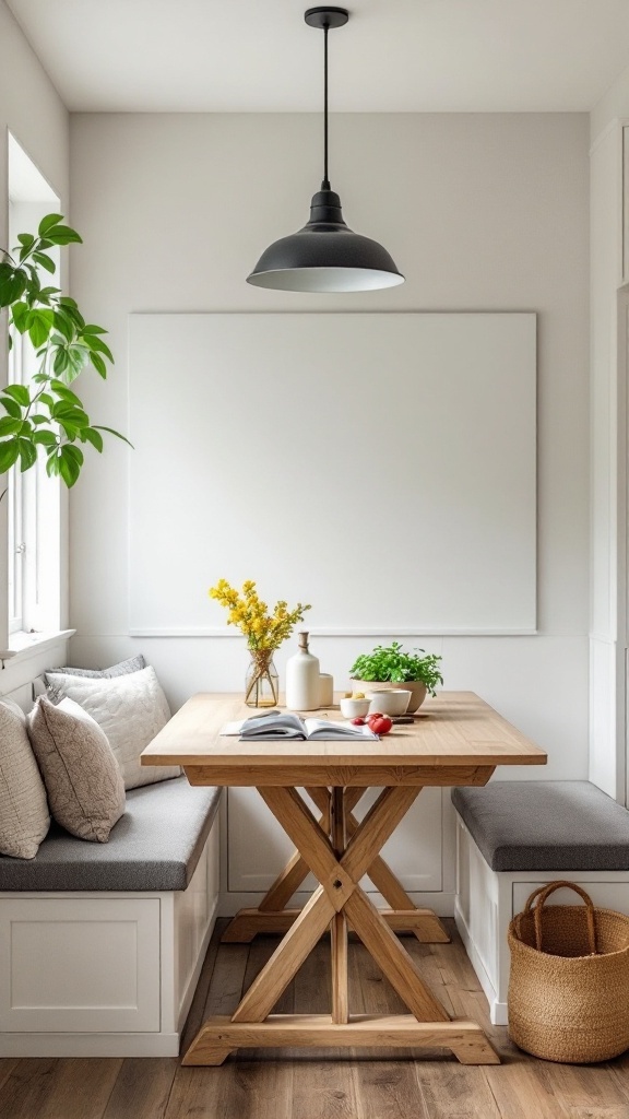 Cozy kitchen nook with a wooden table and cushioned benches, decorated with flowers and fresh produce.
