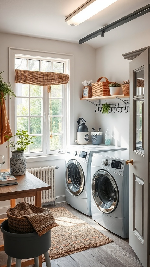 Bright small sunroom with laundry appliances and storage baskets.