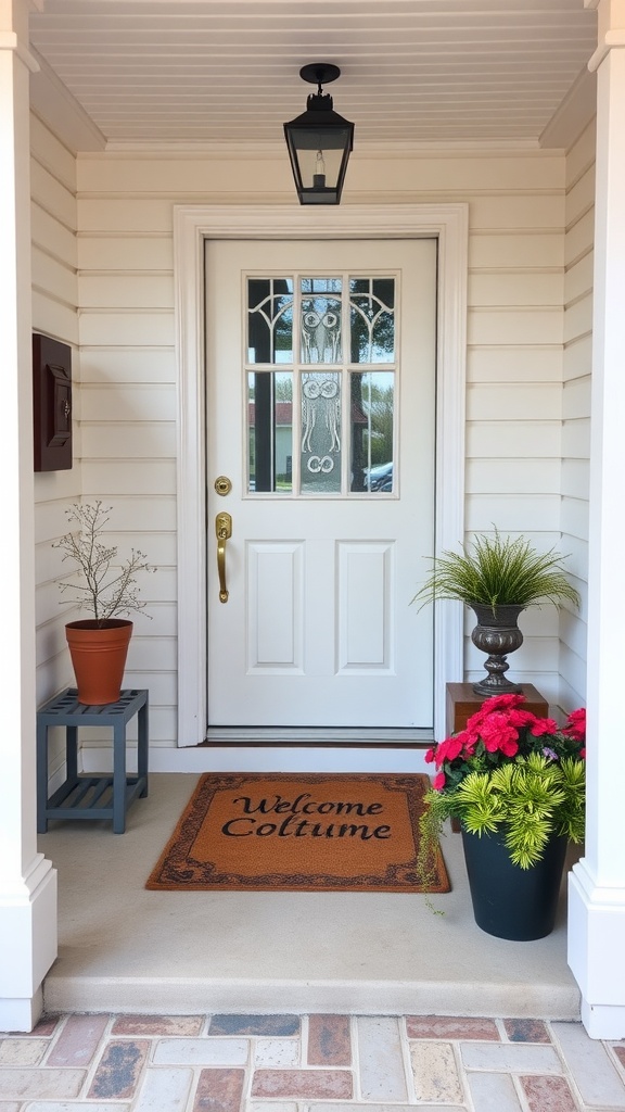 A porch with a welcome mat, plants, and a door.