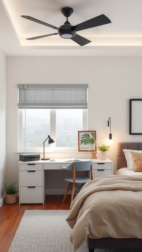 A stylish bedroom with a functional work zone featuring a desk, chair, and printer by a window.